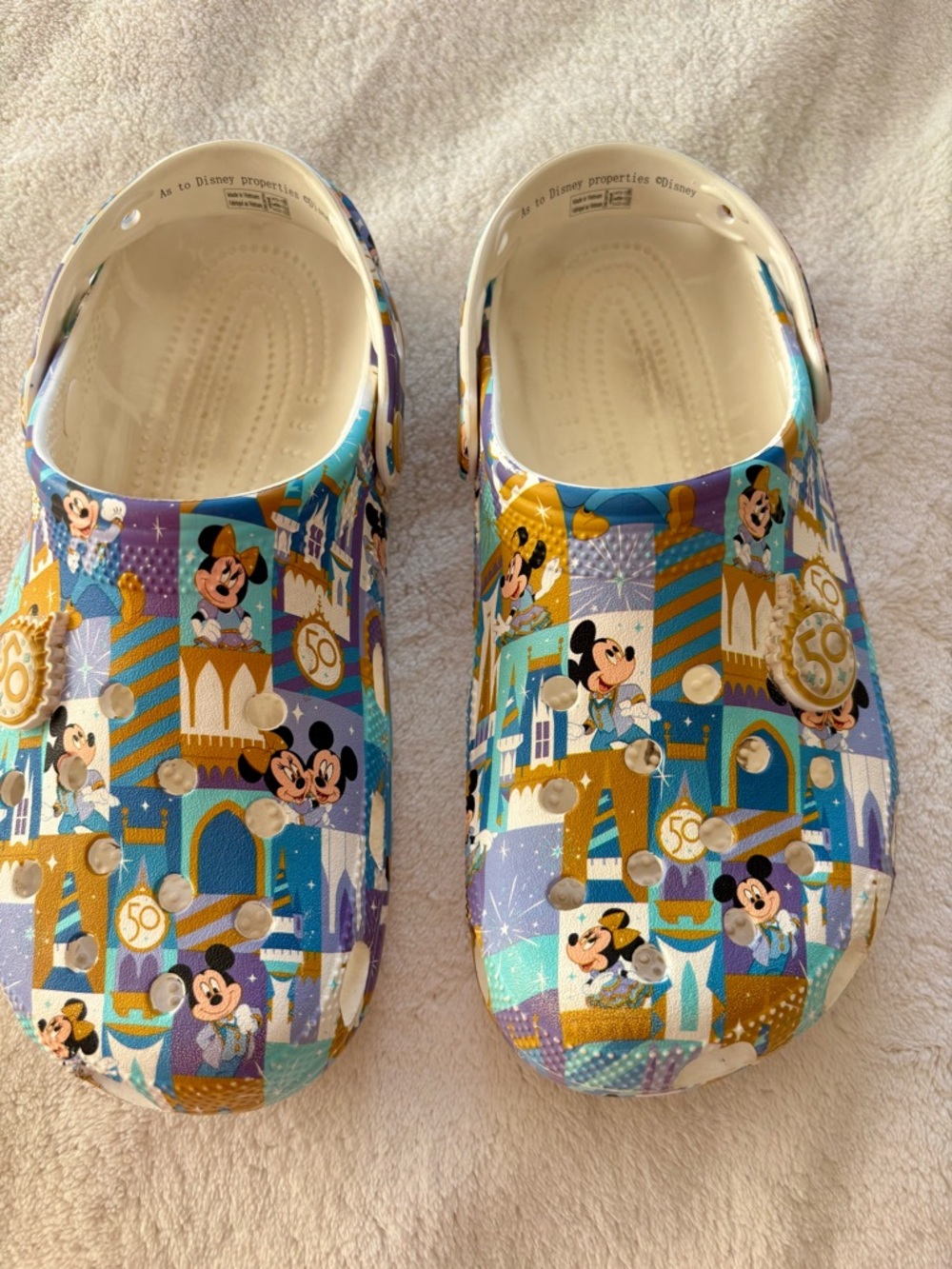 Disney womens size 8 Blue Gold Multicolor Mickey 50th Anniversary Crocs